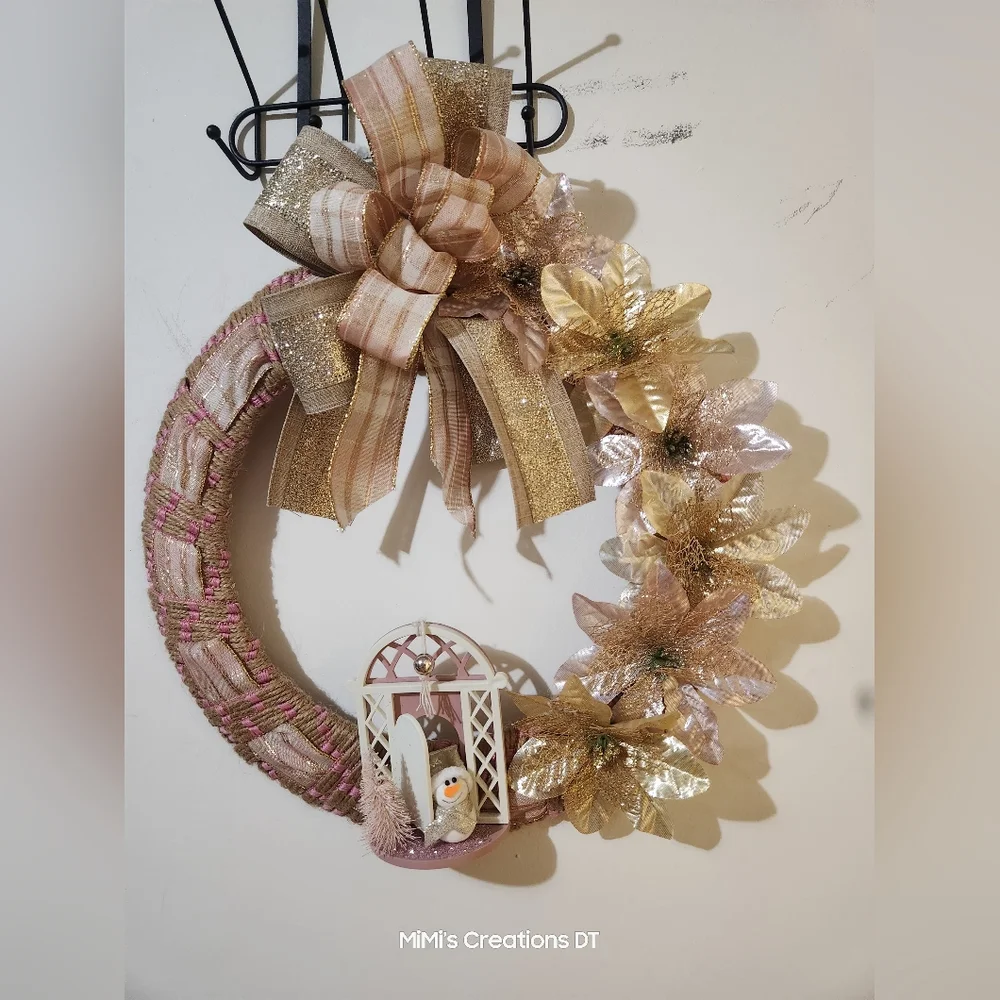 Pink and Gold Snowman Wreath Hand Crafted